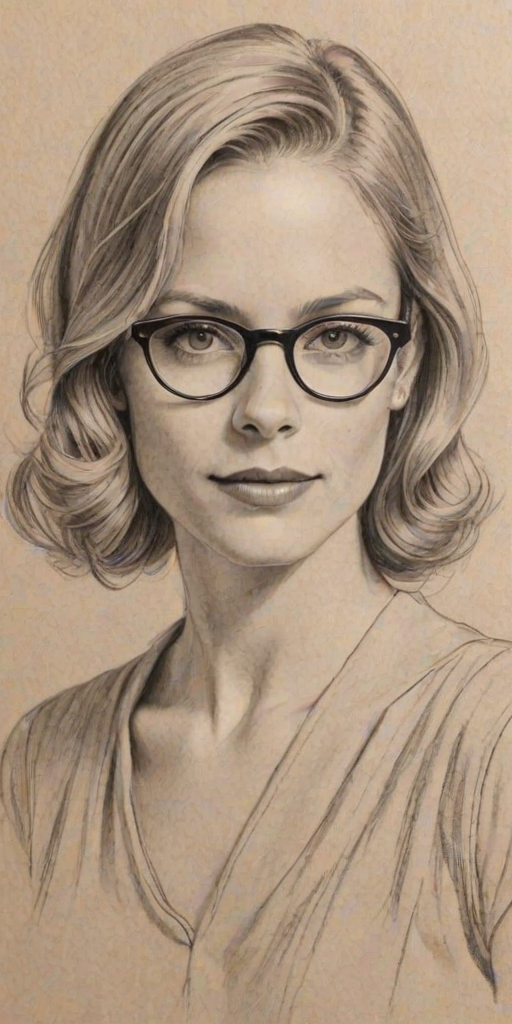 Radiant Claire Coffee, pencil sketch, portrait of Comely woman 1929s in glasses, hair style beatnik, outline, clear lines, fine lines, 8k