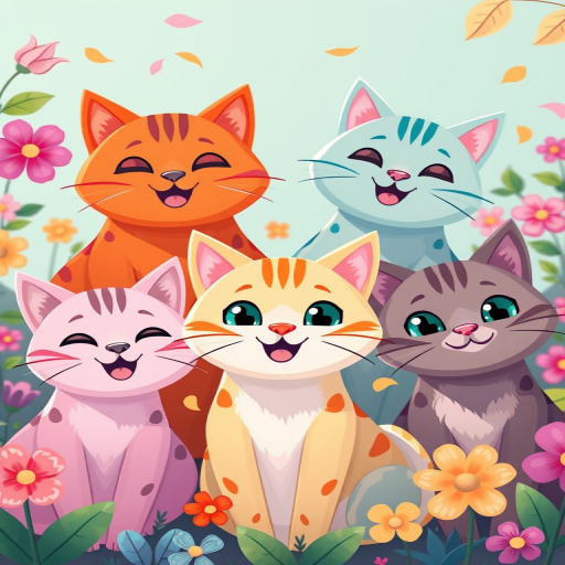 Create a vibrant digital illustration of a group of cartoon cats with various colors and expressions, surrounded by colorful flowers and leaves, use a Canon EOS 5D Mark IV with a 50mm lens, f/2.8 aperture, 100 ISO, and a bright, soft focus style for an engaging, cheerful composition.