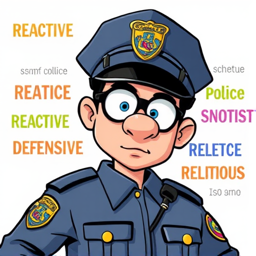 Create an illustration of a cartoonish police officer character made out of colorful words like "reactive," "defensive," and "rebellious," using a high-resolution camera at 50mm, f/2.8 aperture, ISO 100, and a dynamic angle to enhance detail and vibrancy.
