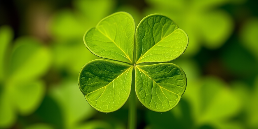 Create a high-resolution image of a green four-leaf clover, captured with a 50mm lens at f/2.8, ISO 100, in natural light, using a DSLR camera with a shallow depth of field to emphasize the clover's texture and details.