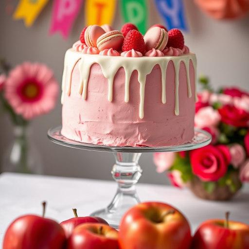 A beautifully decorated pink cake with macarons, raspberries, and white drip icing on a glass stand, with fresh red apples in the foreground and colorful party decorations in the background, captured with a Canon EOS R5 at f/1.8, 1/60s shutter speed, ISO 100, natural lighting, shallow depth of field for a soft background.