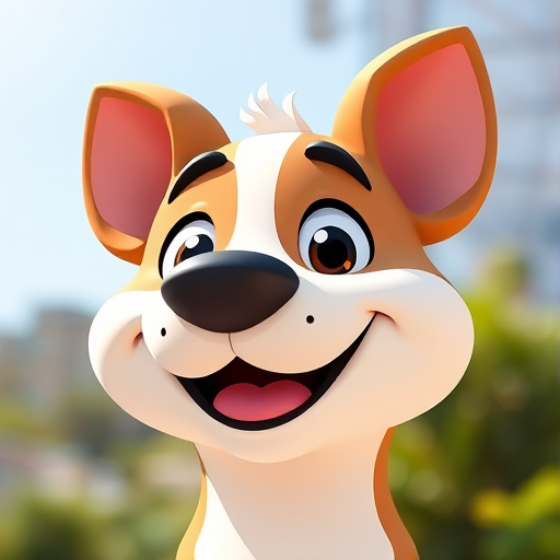 Create a high-resolution image of a cartoon-style dog head with a cheerful expression, using a DSLR camera with a 50mm lens, aperture f/2.8, ISO 100, shot in natural sunlight to enhance colors and details.