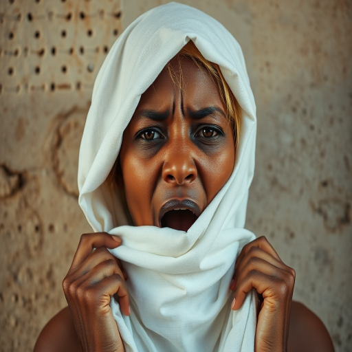 Create a close-up photographic image of a Zulu woman with light skin tones shown against an old, worn wall. Their head is wrapped in a white cloth covering (i.e.... parts of the head except the nose and mouth, which are open as if they are screaming...), with a slight texture and visible folds in the fabric. Thin strands of blonde hair escape from the wrapping above, falling lightly at the top and sides. Their hands hold the fabric as if they are tugging nervously. The lighting is dramatic and even, casting strong shadows. The image has a minimalist and surreal style with an emphasis on simplicity with soft color tones. The composition is centered.