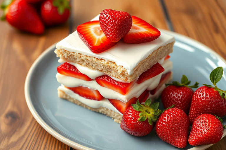 Delicious strawberry dessert layered with sponge cake and creamy filling served on a light blue plate with fresh strawberries on a wooden table.