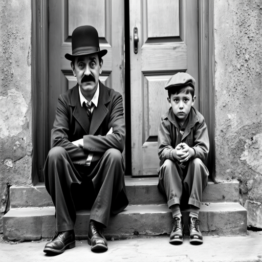 A black-and-white photograph of a man and a child sitting on steps in front of a doorway. The man is dressed as a tramp with a bowler hat, mustache, and ragged clothes, reminiscent of Charlie Chaplin's iconic look. He is sitting with his arms crossed and an expression of slight sadness or frustration. Next to him is a young boy, also in worn clothes and a cap, sitting with his hands clasped, looking thoughtful. The background is an old, textured wall and a partially open door, creating a vintage, early 20th-century atmosphere.