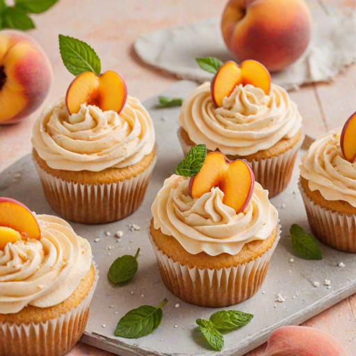 Create an image of delicious peach cupcakes with swirls of peach and cream frosting. The cupcakes should be topped with a sprinkle of powdered sugar and garnished with fresh peach slices and mint leaves. Place them on a bright, summery background to enhance the cheerful vibe.