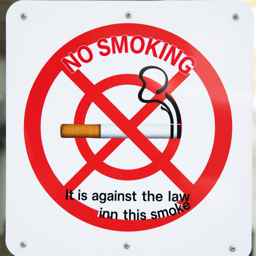 Create an image of a "No Smoking" sign with a bold red circle and slash over a cigarette with smoke, ensuring the text "NO SMOKING" is prominently displayed at the top and "It is against the law to smoke in this office" underneath, shot with a DSLR camera at f/4 aperture, 50mm lens, ISO 200, in natural lighting for high clarity and detail.