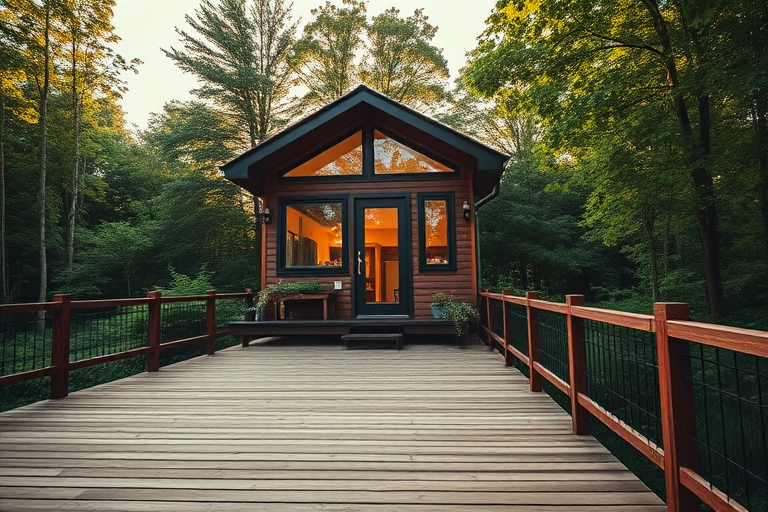A modern tiny house on a wooden deck surrounded by lush greenery, captured at golden hour with soft natural lighting, 50mm lens, f/2.8 aperture, ISO 200, shot from a low angle to emphasize the structure, using a full-frame DSLR camera.