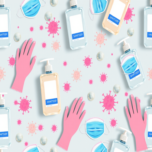create a seamless pattern design featuring hand sanitizer bottles, face masks, and illustrations of hands, incorporating virus shapes in a vibrant color palette, camera settings: ISO 100, aperture f/8, shutter speed 1/125, camera view: overhead flat lay, camera style: macro photography, camera type: DSLR