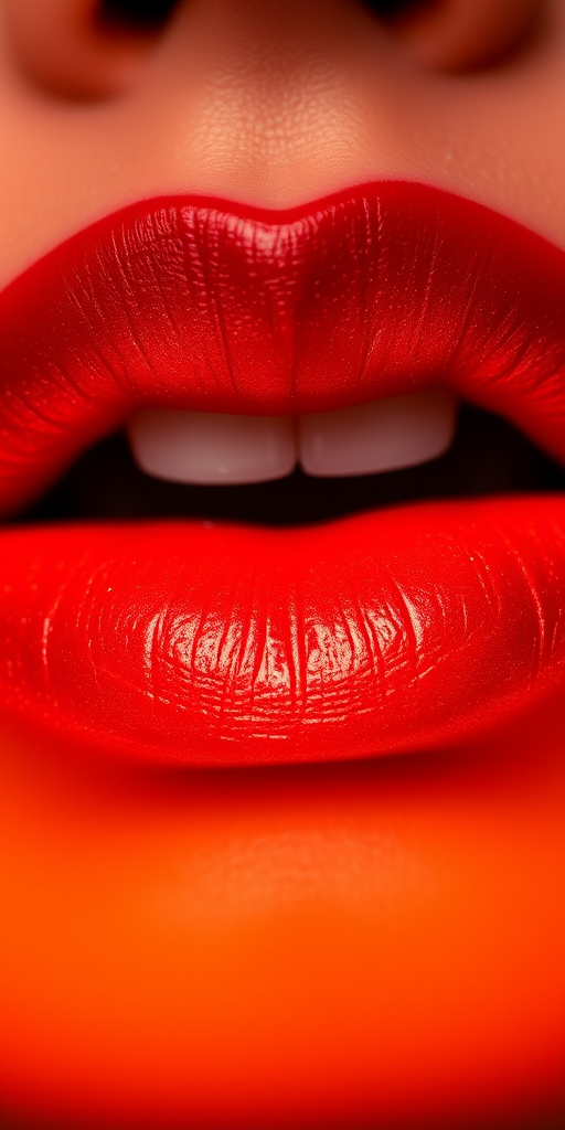 Fiery ombre lips transitioning from deep red to bright orange, mimicking the intense colors of flames with a subtle shimmer throughout