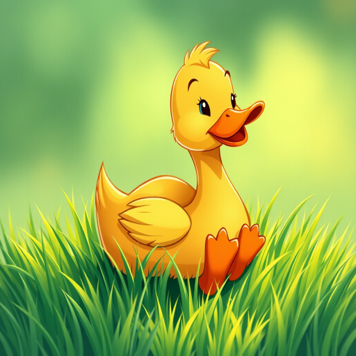 Create a vibrant illustration of a cartoon duck resting on bright green grass, using a Canon EOS 5D Mark IV with a 50mm f/1.8 lens, aperture set to f/2.8, ISO 100, and a shallow depth of field for enhanced image quality and clarity.