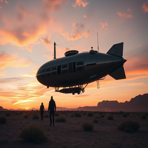 Create a high-resolution digital artwork of a futuristic steampunk airship launching from a dry, rugged landscape at sunset, with two silhouetted figures in the foreground, using a Canon EOS R5, 35mm lens, f/8 aperture, ISO 100, shot from a low angle to emphasize the scale of the airship and capturing vibrant colors in the sky.