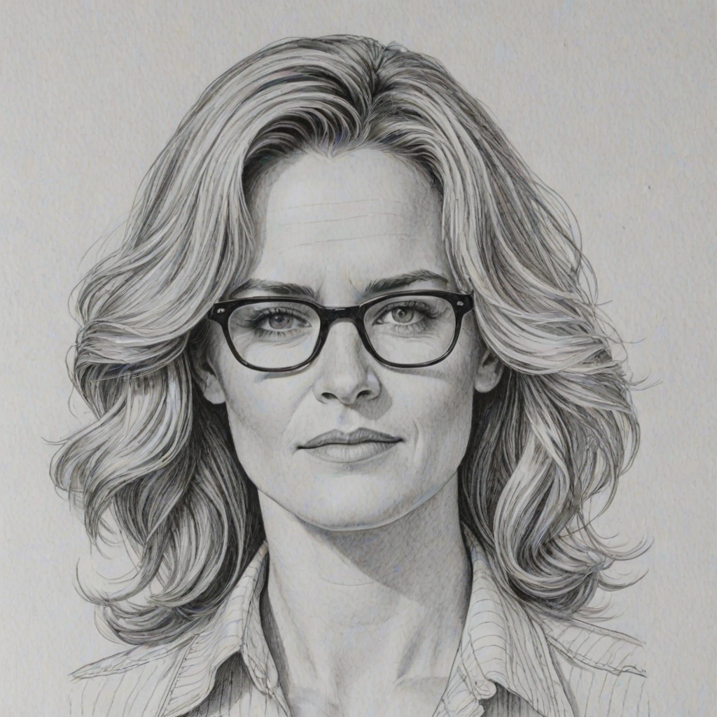 Superb Elisabeth Shue, pencil sketch, portrait of Superb woman 1966s in glasses, hair style beatnik, outline, clear lines, fine lines, 8k