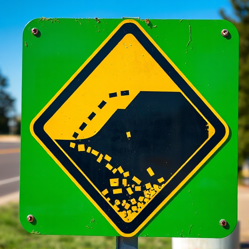 Create an image of a green hazard sign featuring a slope with falling debris, using a DSLR camera with a 50mm lens, aperture set to f/8, shutter speed at 1/200s, ISO 100, in natural daylight, capturing a crisp and clear image from eye level.