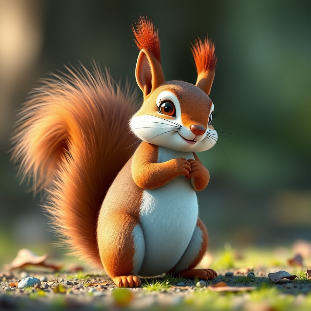 Generate a high-quality illustration of a cute cartoon squirrel standing upright, with a bushy tail and vibrant fur details, using a Canon EOS 5D Mark IV camera at f/2.8 aperture, 50mm lens, natural light, and a shallow depth of field to emphasize the squirrel's features.