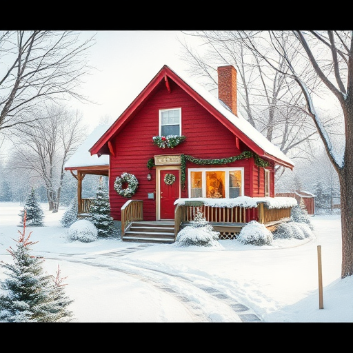 winter scene of a cozy red house adorned with Christmas decorations and snow-covered landscape, soft morning light, wide angle view, Canon EOS R5, f/8, ISO 100, 1/200s, natural light, watercolor style