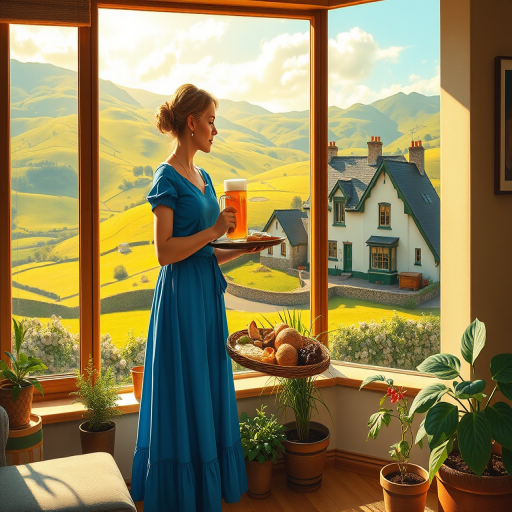 In "A Glass of Beer on the Highland," a serene scene is depicted in a sunlit room where a woman in a vibrant blue dress stands by a large window. She holds a tray with a hearty meal and a frothy glass of beer, embodying a moment of relaxation. Outside, the breathtaking highland landscape features rolling green hills and a charming traditional house, all bathed in warm afternoon light. The interior is adorned with potted plants, creating a harmonious blend of comfort and nature. The painting beautifully captures the tranquility and joy found in simple pleasures amidst stunning scenery