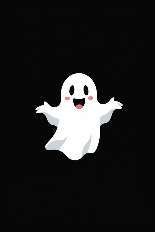 Create a stylized illustration of a friendly ghost with a playful expression on a plain black background, using a Canon EOS R5 camera, 50mm lens, f/1.8 aperture, ISO 100, and shooting in RAW format to enhance image quality.