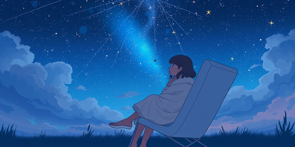 Create an illustration of a girl sitting on a modern chair wrapped in a blanket, gazing at a vibrant night sky full of stars and clouds, using a digital drawing style, with a focus on soft colors and smooth lines, shot with a Canon EOS R5 at f/2.8, ISO 100, 50mm lens, capturing a serene and contemplative atmosphere.
