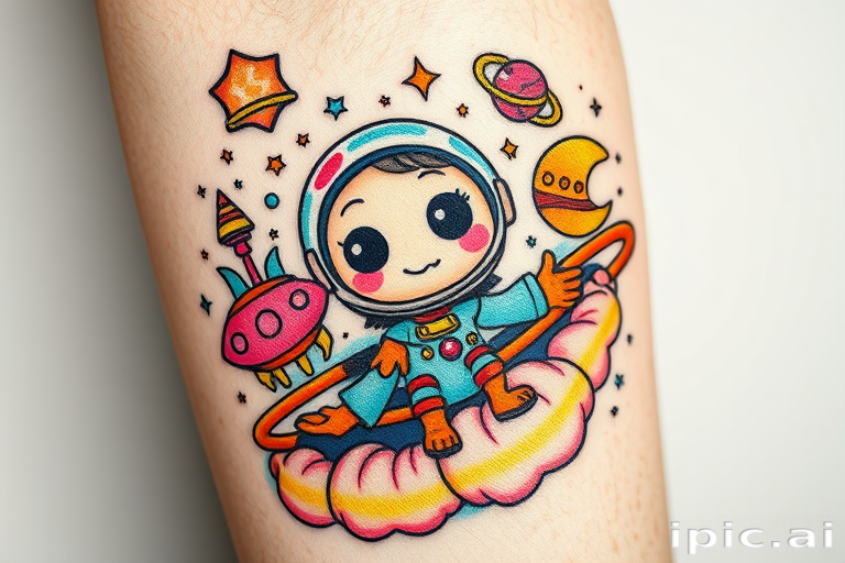 New school tattoo style called "Cartoon Cosmos" with exaggerated proportions and bright colors depicting whimsical space-themed characters and celestial objects