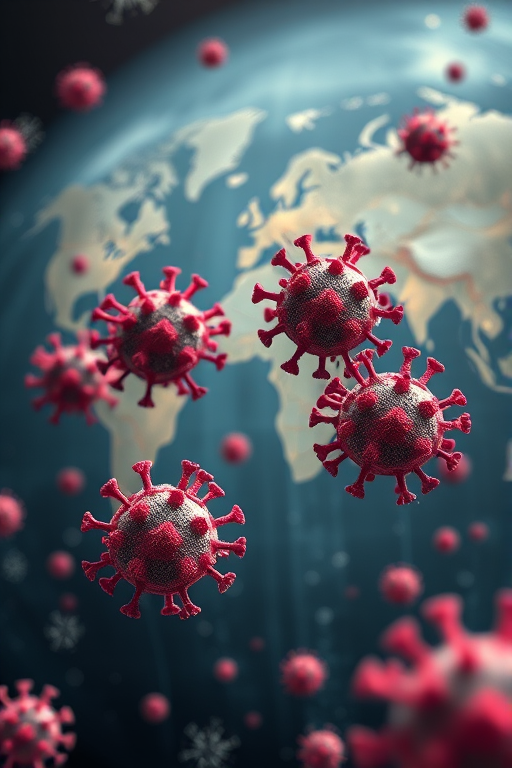 Generate an image of virus structures floating in space with a world map backdrop, use a macro lens, aperture f/2.8, ISO 100, 50mm focal length, with a high-contrast color scheme and smooth gradients for enhanced depth and clarity.
