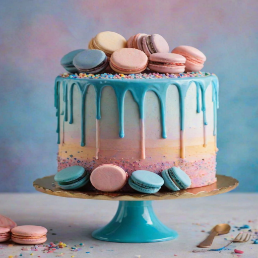 Create an image of a pastel-colored cake with a smooth ombre finish transitioning from pink to blue. The cake should have a glossy drip effect along the edges and be topped with various colorful triangular decorations. Add some sprinkles and a few macarons in soft pink and blue at the base of the cake on a decorative cake stand.