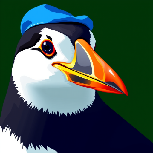 Create a vibrant vector-style illustration of a penguin wearing a blue cap and a red beak, with a dark green background, using a Canon EOS R5, 50mm lens, f/1.8 aperture, ISO 100, natural lighting to enhance color saturation.