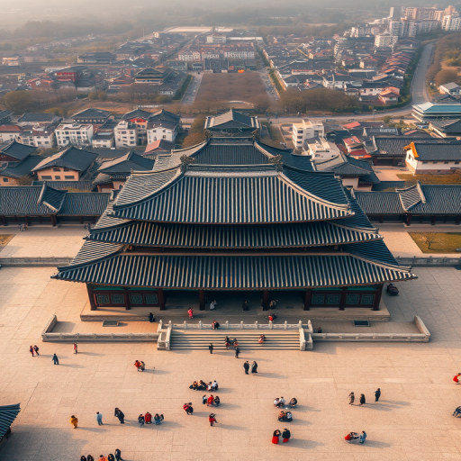 capture an aerial view of Gyeongbokgung Palace in Seoul with intricate roof designs and people in traditional attire, use a Canon EOS R5, 24mm lens, f/8 aperture, ISO 100, and a high-resolution setting for clear details