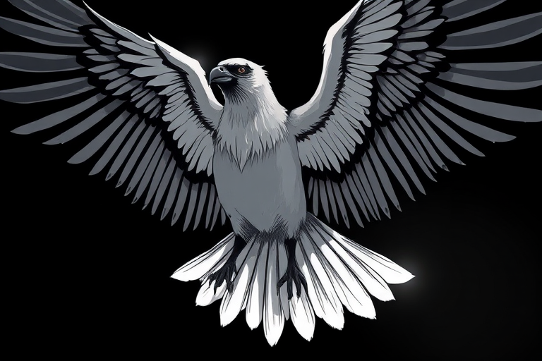 high-resolution illustration of a stylized bird with spread wings, intricate feather details, black and white color scheme, dramatic lighting, shot with a DSLR camera at f/2.8, 50mm lens, ISO 100, low angle view to emphasize wingspan, sharp focus on feather texture