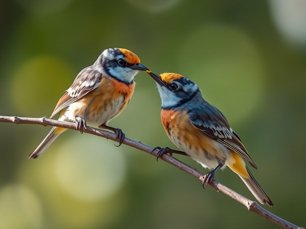 Capture a close-up shot of two birds feeding each other on a branch with a shallow depth of field, using a DSLR camera with a 100mm f/2.8 lens, aperture set to f/2.8, shutter speed 1/500s, ISO 400, in natural lighting to enhance details and bokeh effect.