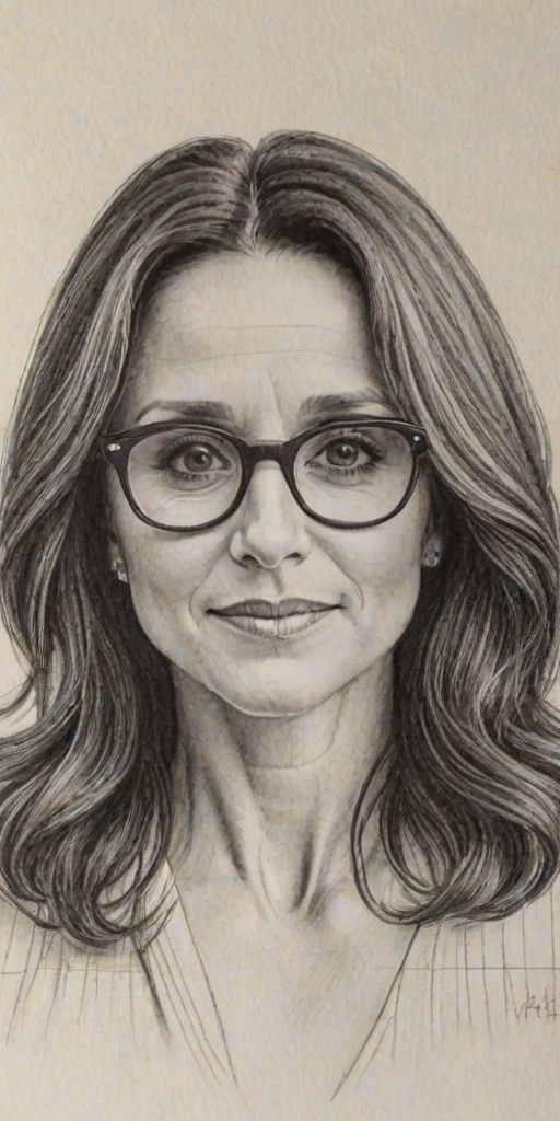 Graceful Julia Louis-Dreyfus, pencil sketch, portrait of Beauteous woman 1976s in glasses, hair style beatnik, outline, clear lines, fine lines, 8k