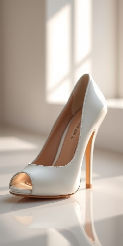 Create a high-resolution image of a stylish white high-heeled shoe with a peep toe, shot in a soft, diffused light environment, using a DSLR camera with a 50mm lens at f/1.8, ISO 100, and a shallow depth of field.