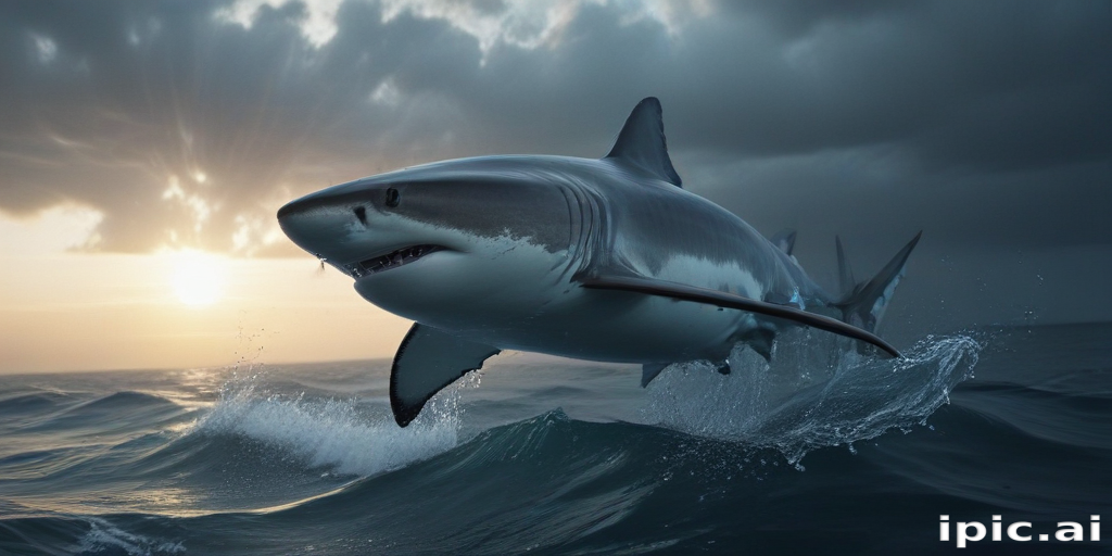 Majestic Great White Shark Leaping Out of Ocean at Sunset