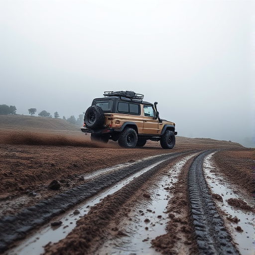 A rugged off-road vehicle driving on a muddy terrain with tire tracks in the foreground and a foggy landscape in the background.