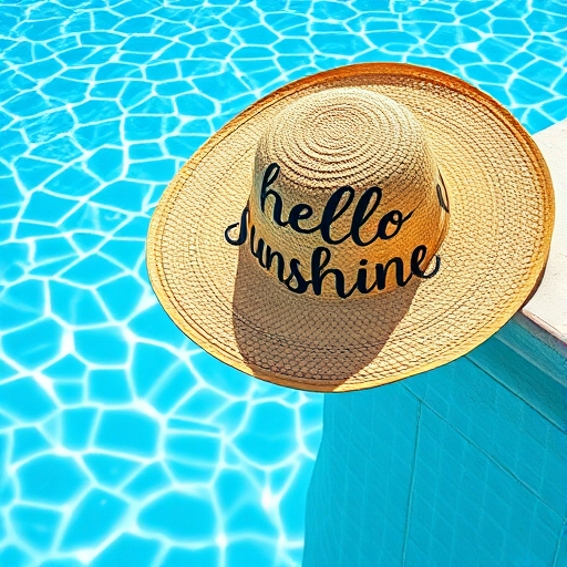 a wide-angle shot of a large straw hat with the phrase hello sunshine written on it resting on the edge of a sparkling blue pool, DSLR camera, aperture f/2.8, ISO 100, shutter speed 1/200s, natural light, high saturation colors
