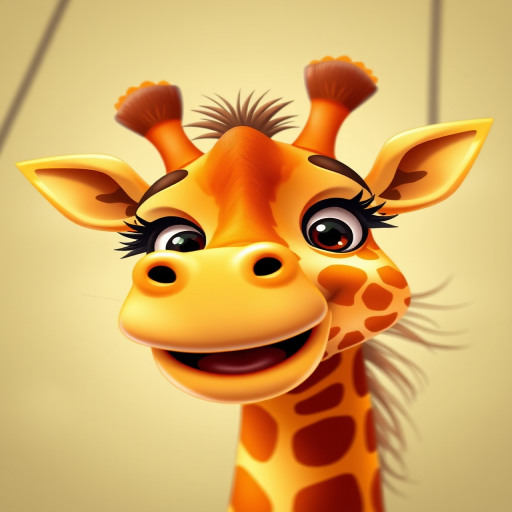Create a cheerful cartoon giraffe character in vibrant colors, with a playful expression and exaggerated features, shot with a DSLR camera at f/5.6 aperture, ISO 100, 50mm lens, top-down view to enhance the image quality and clarity.