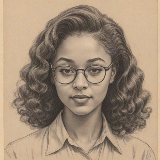 Pleasing Aisha Dee, pencil sketch, portrait of Fetching woman 1941s in glasses, hair style beatnik, outline, clear lines, fine lines, 8k