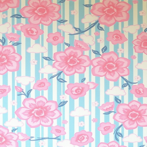 Floral pattern with pink, blue, and white stripes, cute cloud shapes scattered throughout, soft pastel colors, taken with a DSLR camera, aperture f/2.8, ISO 200, focus on patterns, shallow depth of field, top-down view.