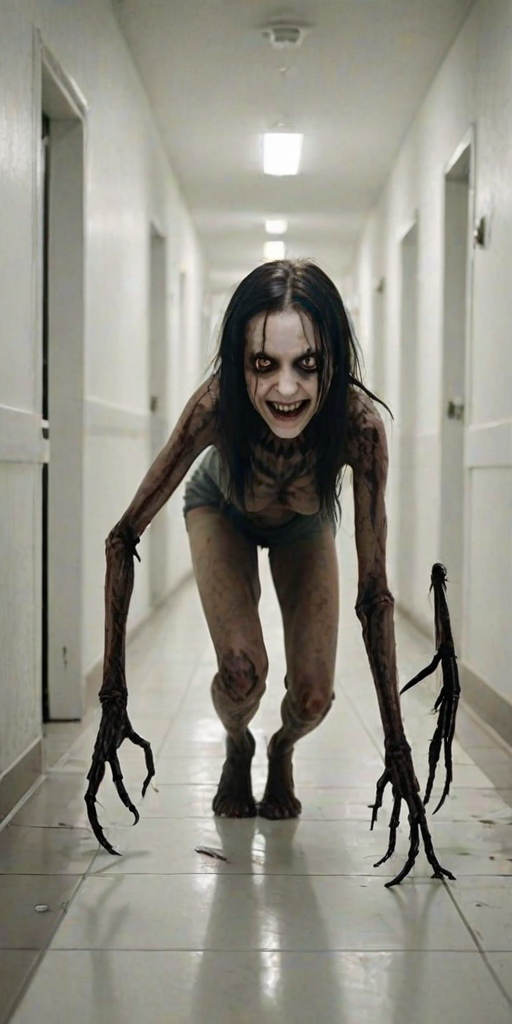 a crooked female with long arms and a creepy smile is crawling along a long white corridor and you can also see cockroaches in it there is a creepy atmosphere creepy art style