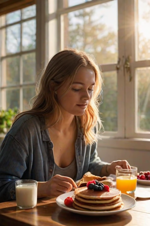 Cozy breakfast scene, with a woman enjoying pancakes topped with fresh berries and syrup, sunlight streaming through the window, illuminating the delicious meal and warm kitchen ambiance.