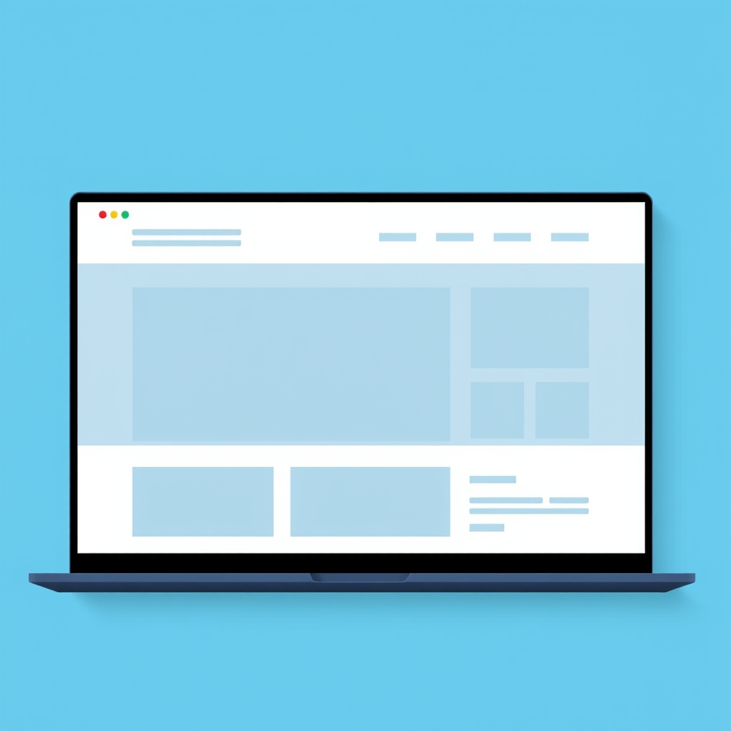high-resolution digital illustration of a minimalist website layout on a bright blue background, featuring a header, sections for images and text, flat design style, 50mm lens, f/2.8 aperture, 1/125 sec shutter speed, ISO 100, shot with a DSLR camera
