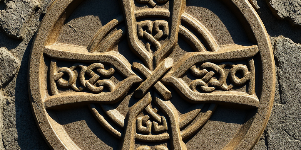 Create a high-resolution image of a Celtic cross design with intricate knot patterns, using a Canon EOS 5D Mark IV with a 50mm f/1.8 lens, aperture set to f/8, ISO 100, at a 1/125 shutter speed, captured from a straight-on perspective with natural lighting to enhance clarity and details.