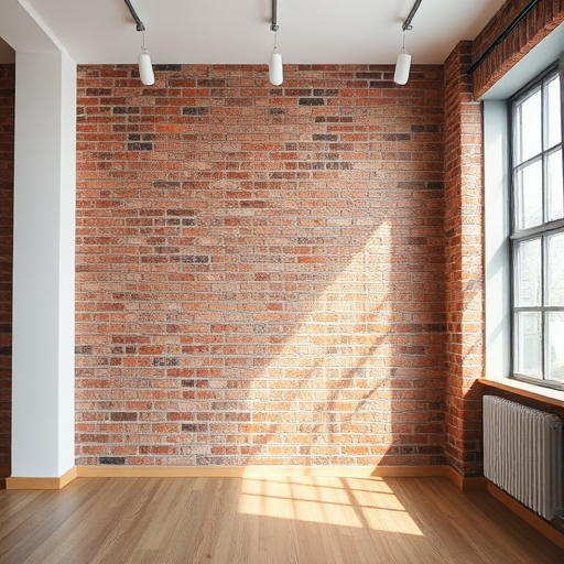 interior shot of a rustic brick wall in a well-lit room, soft natural lighting, focal length 24mm, aperture f/8, ISO 200, DSLR camera, wide-angle view, high-resolution quality