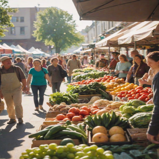 Blurry candid shot of a lively farmer's market, with vendors displaying fresh produce, soft sunlight illuminating the vibrant colors, and shoppers happily browsing.