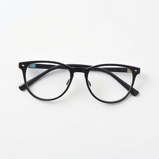 Create a high-resolution image of a pair of black-rimmed glasses on a white background using a DSLR camera, focal length of 50mm, aperture set to f/2.8, ISO 100, and a slight top-down angle for depth and detail enhancement.