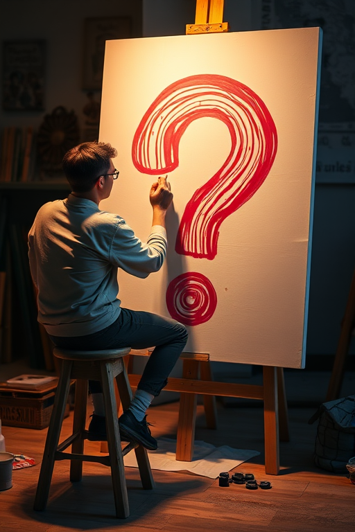 A person sitting on a stool painting a large 3D question mark on a canvas, warm lighting, soft focus, 50mm lens, f/1.8 aperture, ISO 200, shallow depth of field, captured with a DSLR camera.
