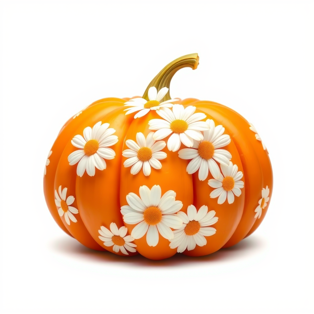 a whimsical orange pumpkin with white daises pattern covering the pumpkin. Solid white background sublimation vector 3000dpi 32k