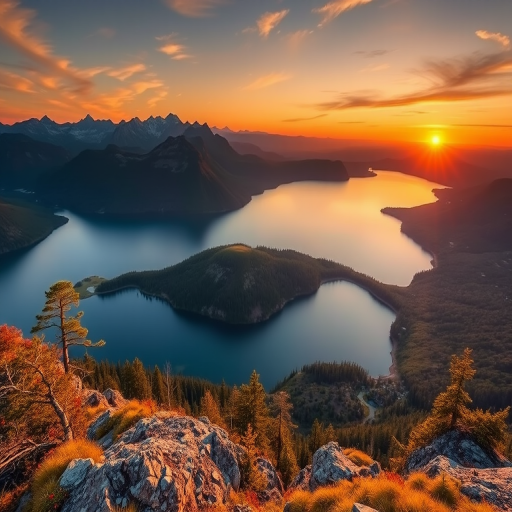 Generate a high-resolution image of a scenic natural landscape featuring a serene lake surrounded by mountains during sunset, using a DSLR camera with a 50mm lens at f/1.8, ISO 100, and a shutter speed of 1/200s, in a wide-angle view to capture expansive scenery.
