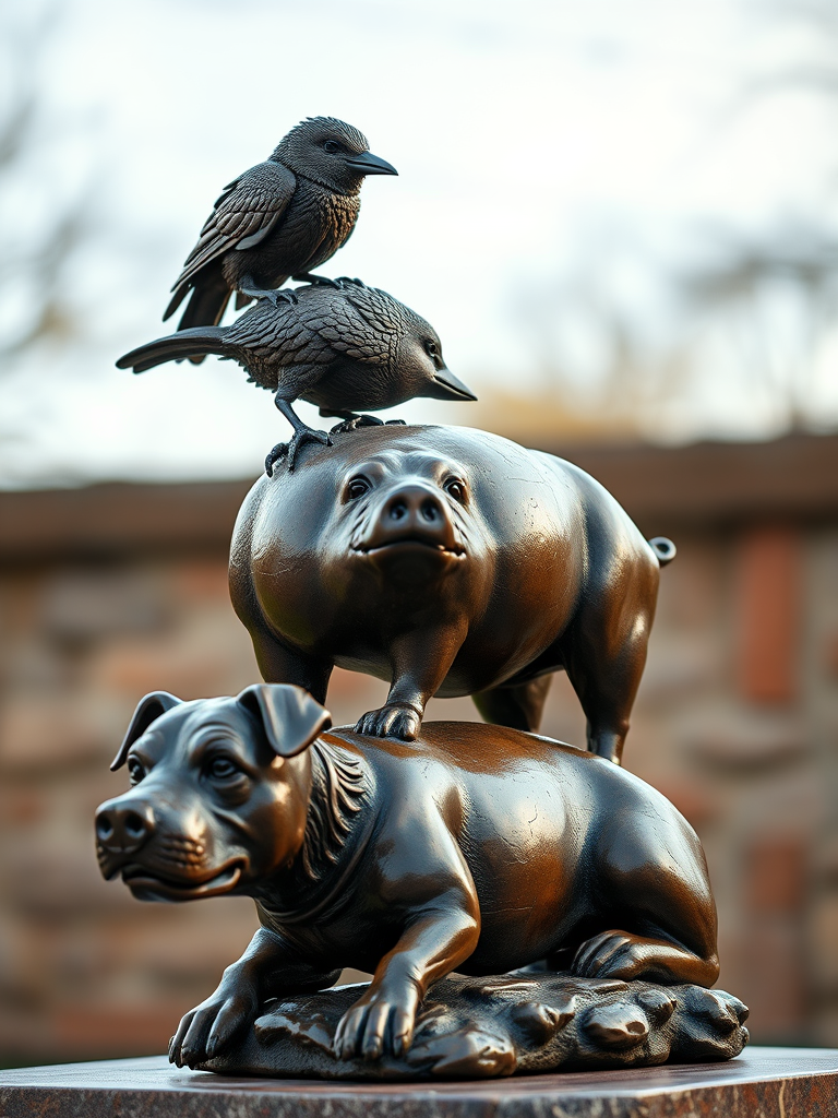 Create a hyper-realistic image of a bronze sculpture featuring a dog at the bottom, a pig in the middle, and a bird on top, captured with a Canon EOS R5, 50mm lens, f/1.8 aperture, ISO 100, in a soft natural light setting, with a shallow depth of field to enhance details and textures.