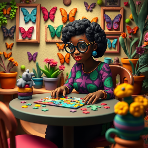 A vibrant and whimsical illustration of an african american woman sitting at a table working on a colorful jigsaw puzzle. she is wearing round glasses, and patterned clothing in shades of purple and green.  The background features an eclectic collection of framed butterflies, potted plants, and other natural elements, creating a warm and inviting atmosphere. The style is playful and modern, with rich textures, intricate details, and a lively color palette.
